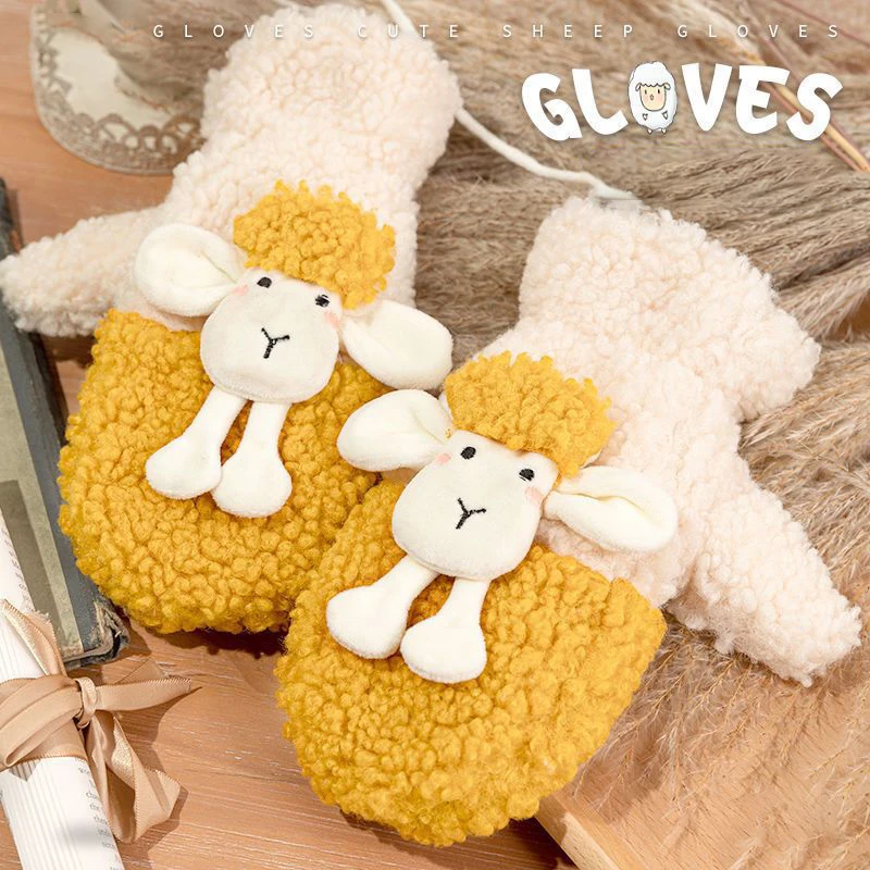 

New Winter Cute Cartoon Lamb Gloves Women's Lamb Fleece Double Layer Warm Neck Hanging Finger Gloves