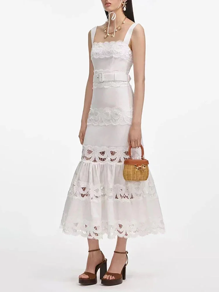 Sexy Square Neck Aushöhlen Aushöhlen Langes Kleid Frauen Weiß Ärmellose Cut Out Spitze A-linie Kleider Abend Party Kleider