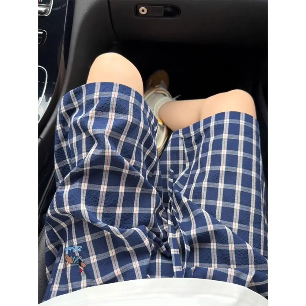 Men's Retro Grid Thin Shorts 90s Sporty Style Summer Mini Pants Cool Boys Wide Leg Casual Bottom Male Knee Length Trousers