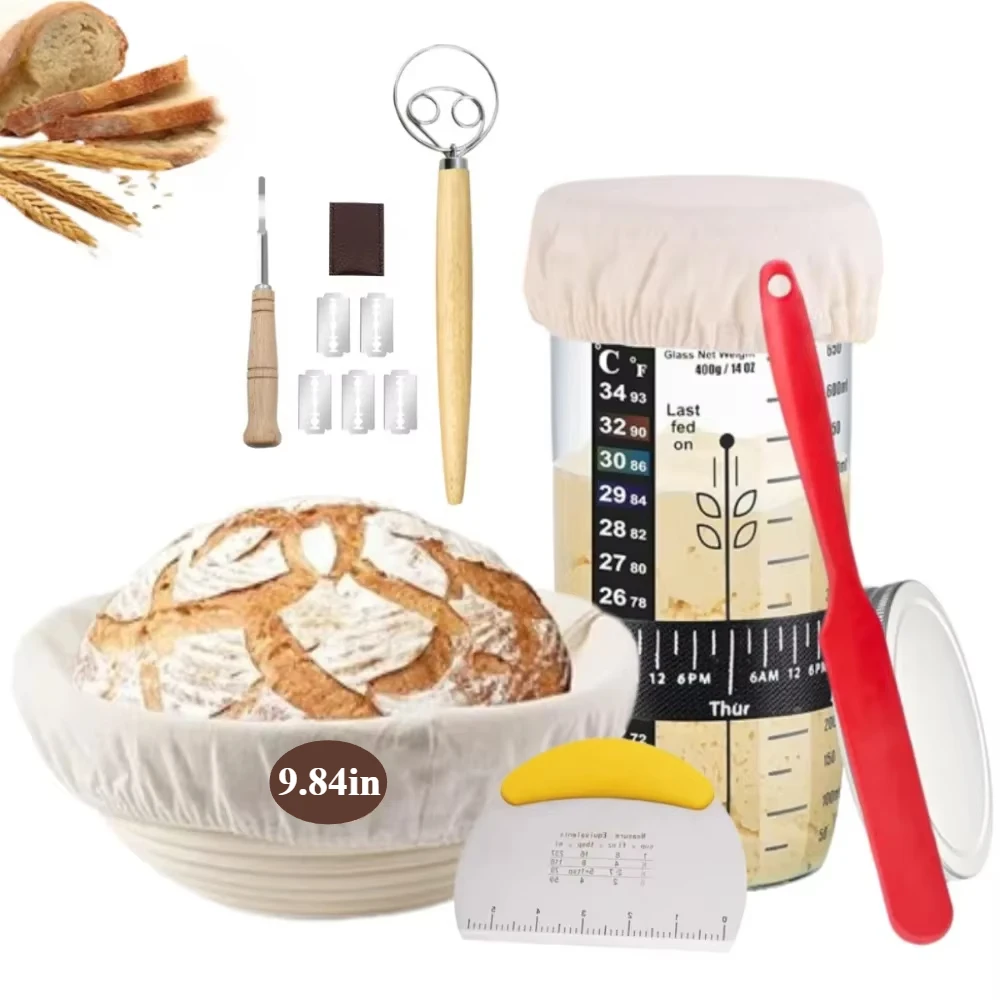 Kit de inicio de masa fermentada, cestas a prueba de pan, tarro de inicio de masa fermentada de 24oz, banda de alimentación marcada con fecha para suministros para entusiastas del repostería