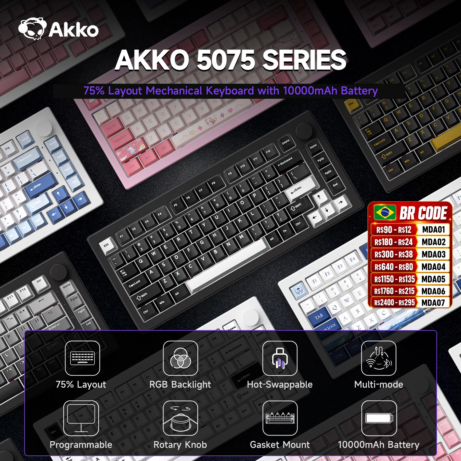 Akko 5075 V3 75% Mechanical Keyboard 8000/10000mAh 2.4GHz Wireless/ Wired Type-C/BT 5.0 Hot Swap RGB Gasket for Gaming Typing