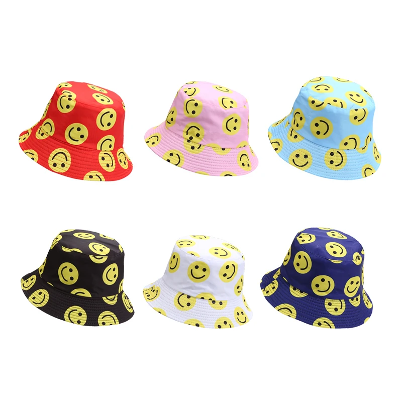 Bucket Hat Double Sided Bucket Hat Smiling Face Unisex Fashion Bob Cap Hip Hop Gorro Men Summer Cap