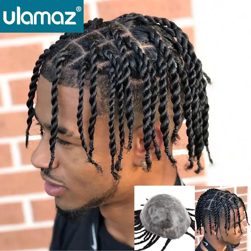 Wig kepang putar untuk pria, rambut palsu kepang pria modis, sistem rambut hitam untuk pria