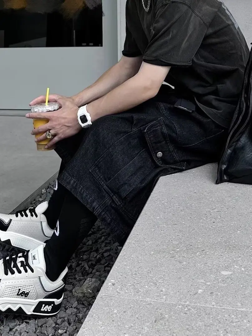 Trendy Japanese Streetwear Workwear orts Men's Summer Loose Casual Wide Leg Seven-Foot Pants with Big kets Faionable