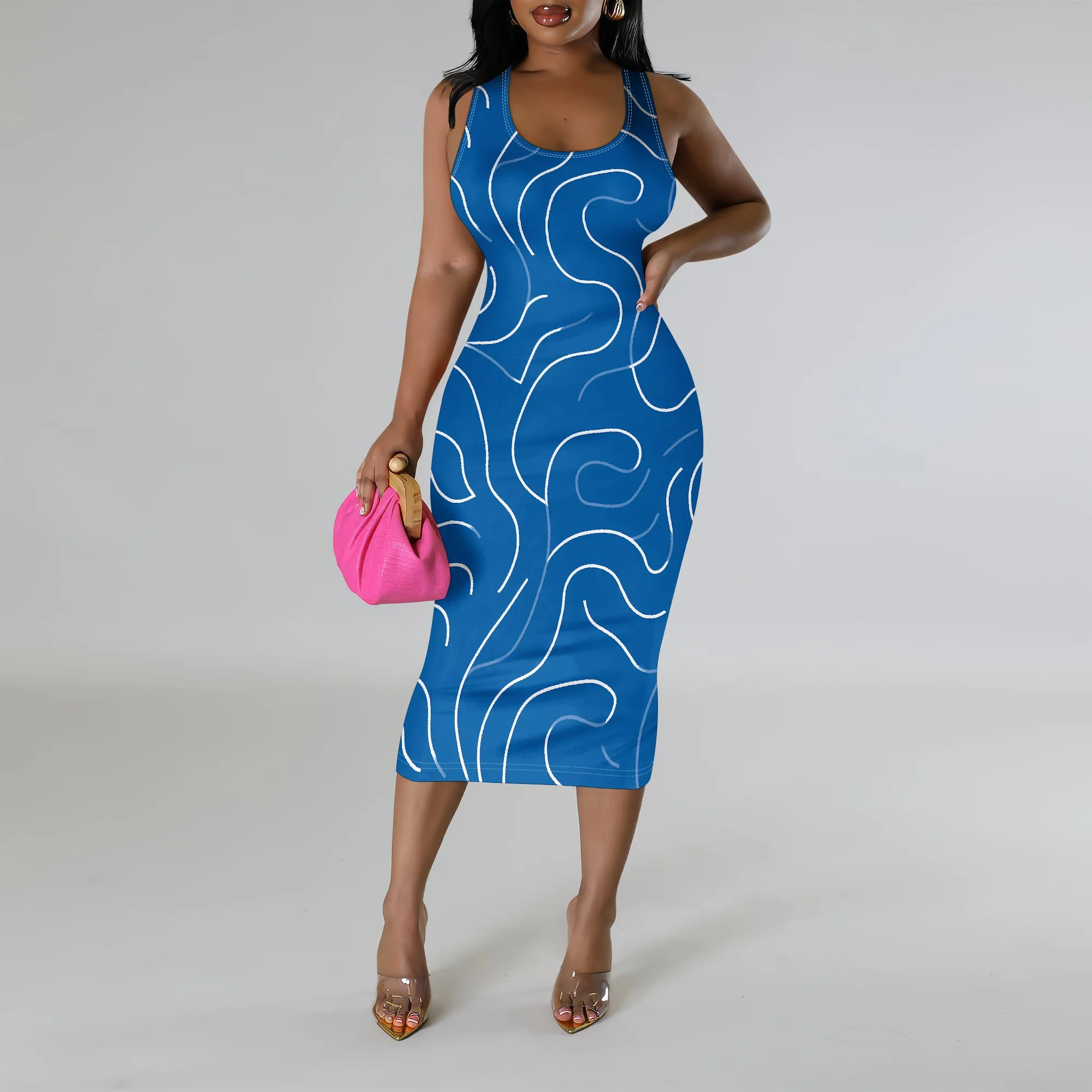 Sleeveless Printed Bodycon Dress, Abstract Line Print Midi Dress, Casual Slim Fit Sundress for Women, S-3XL