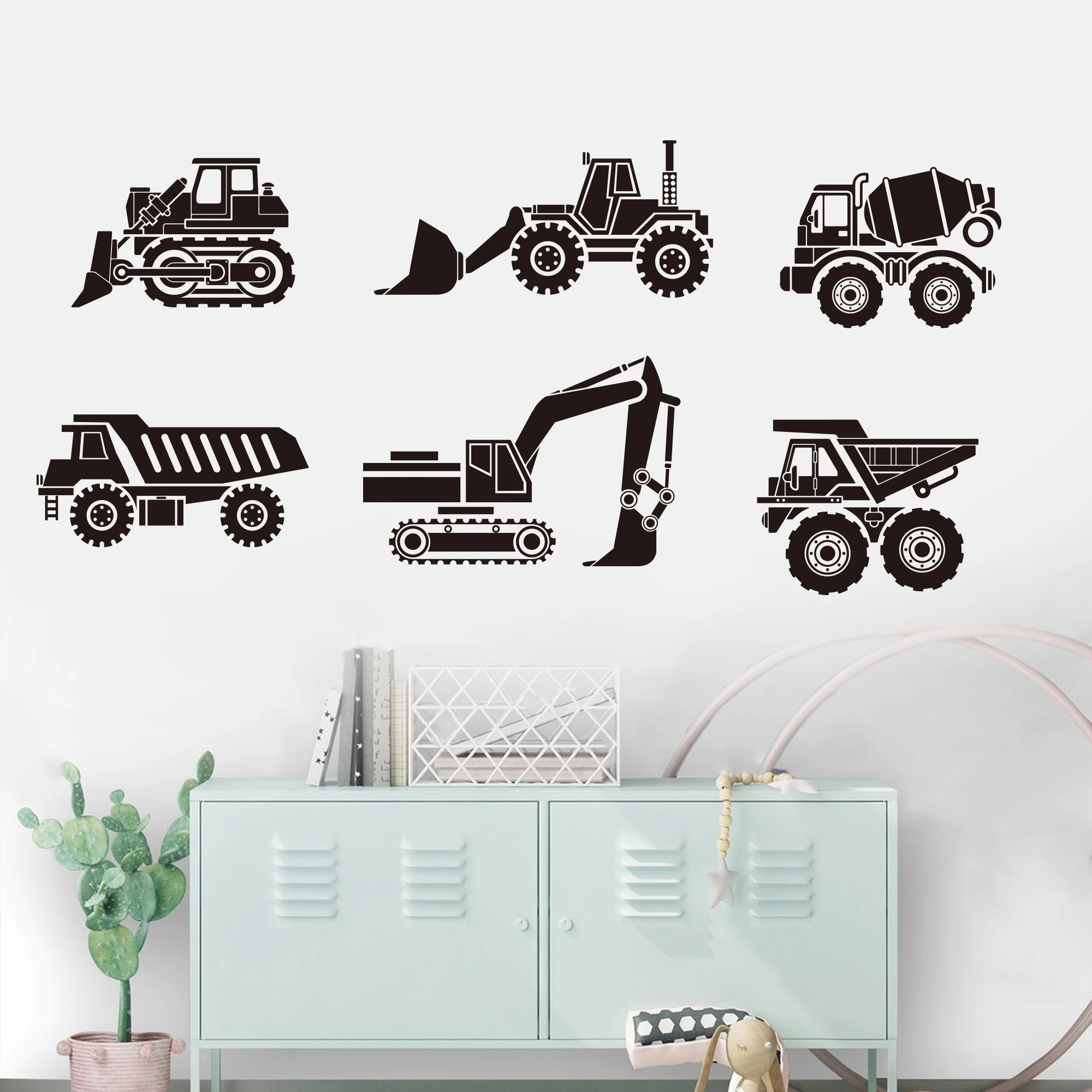 6Pcs Cartoon Construction Truck Crane Wall Sticker Decal Bulldozer Building Tank Car Excavator Teen Kids Playroom  Decor