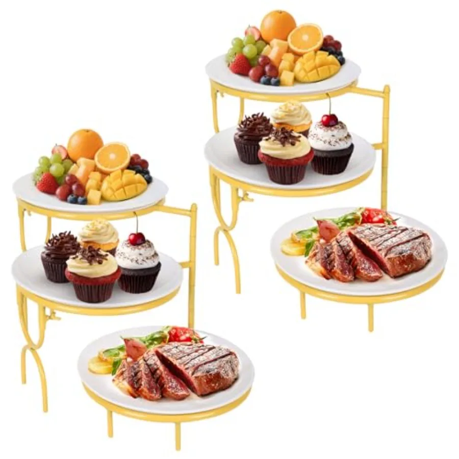 

2 Set 3 Tiered Serving Stand with White Porcelain Plate Rotatable Dessert Table Display Set 10'' Round Tiered Serving Trays and