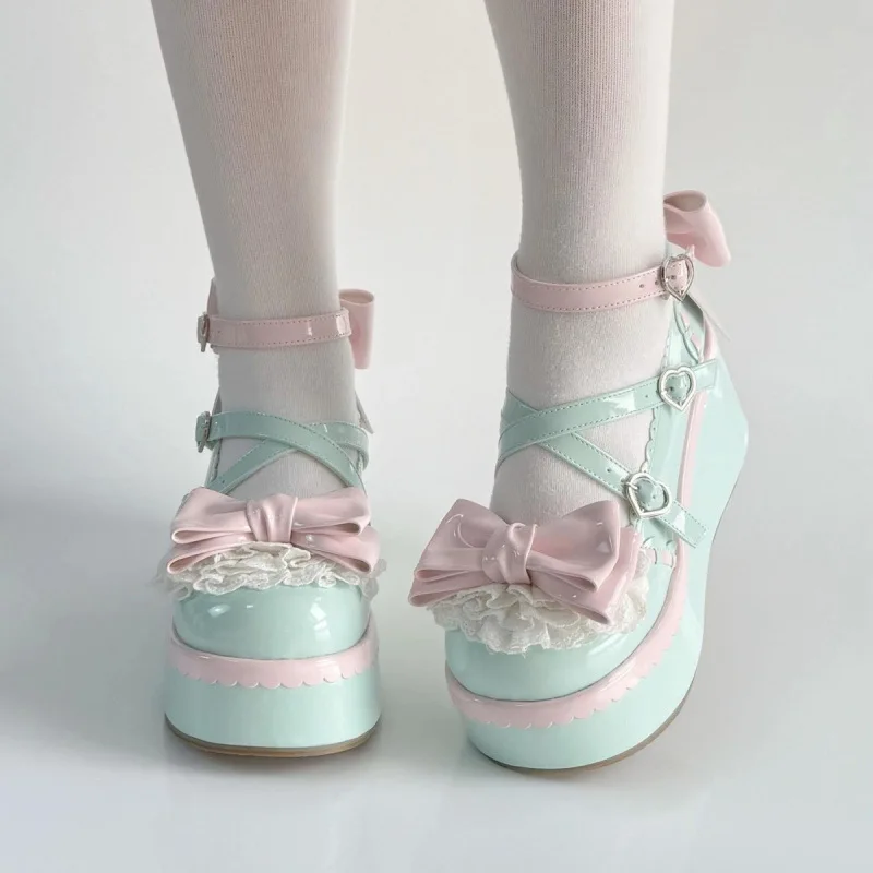 Sapatos plataforma baixos estilo Lolita doce para meninas, estilo colegial fofo com laço, sapatos plataforma Mary Jane com tira no tornozelo