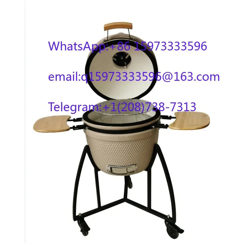 18 Inch Kama-do Grill Ceramic Charcoal BBQ Grill Outdoor Smoker Grill with Trolley Side Shelf for Backyard Cooking