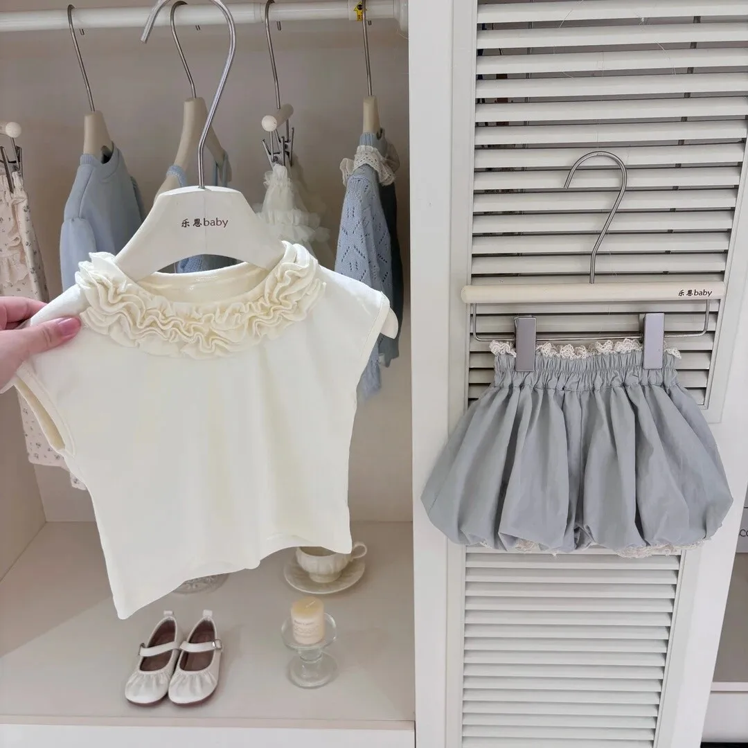 

2026 New Spring Summer New Girls Rice White Lace T-shirts Lace Edge Flower Bud Lantern Pants Two Piece Set Trendy