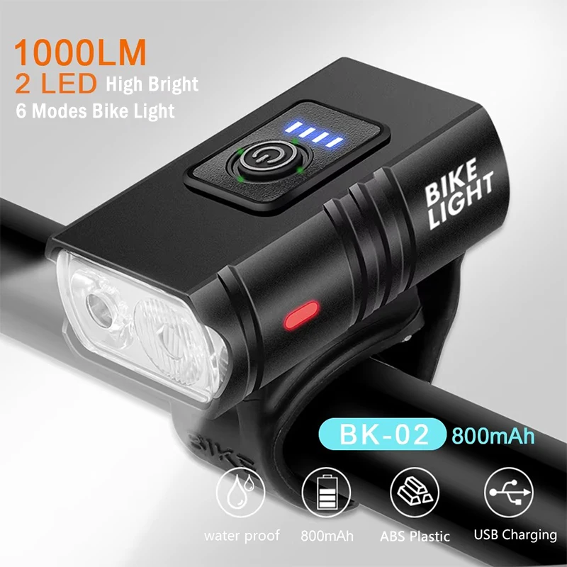 1000LM Bike Light Headlight 2 LED Bicycle Flashlight Type C Rechargeable Torch Cycling Front Lamp High Bright Beam Accessories