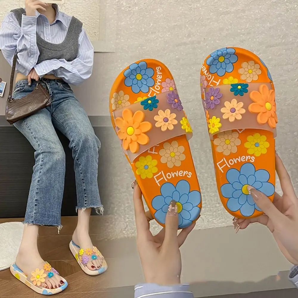 

Casual Anti Slip Flower Slippers PVC Sweet Flat Slippers Women Soft Soled Shoes Flower Slides Sandals Bathroom