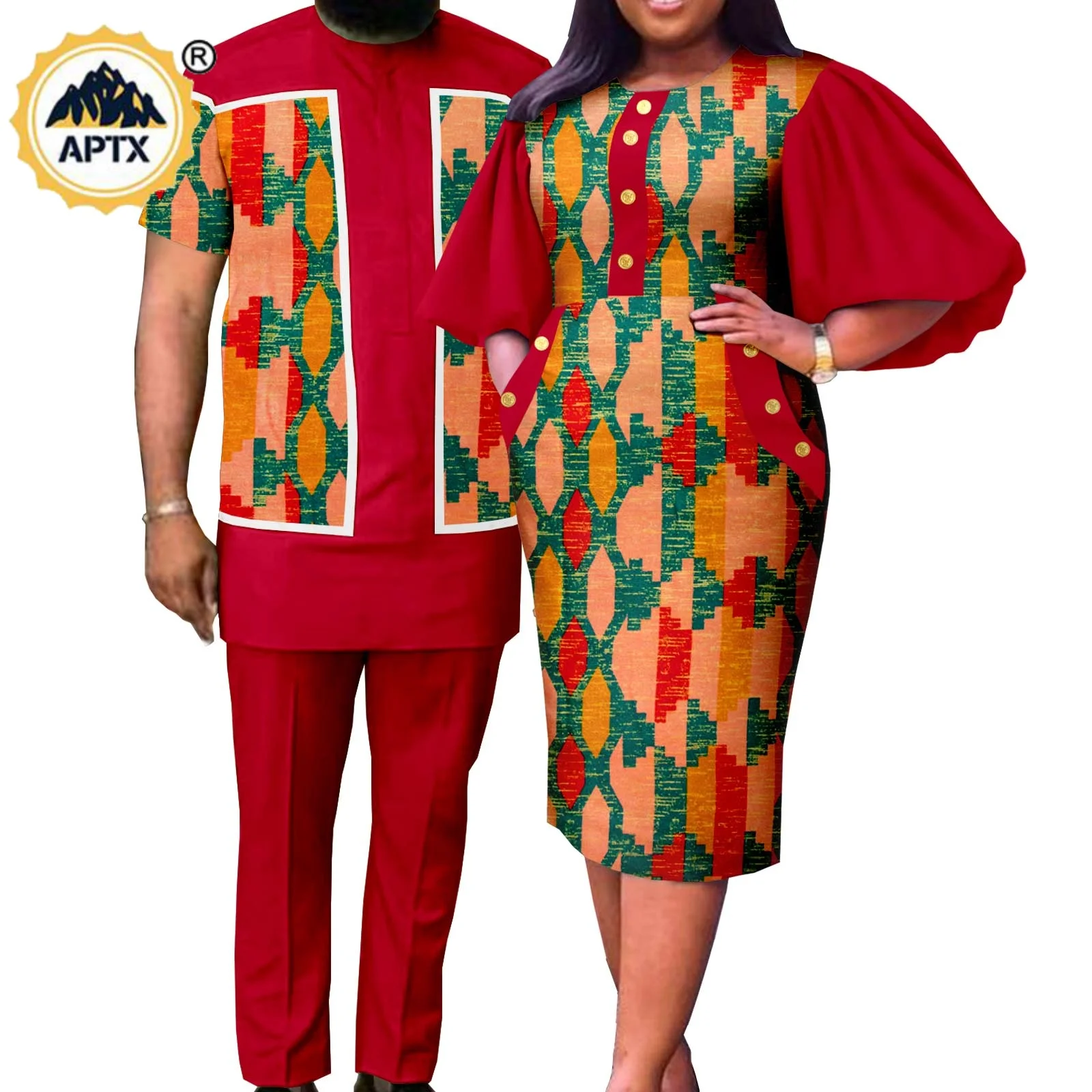 

African Print Puff Sleeve Dresses for Women Matching Couple Outfits Bazin Riche Men Top and Pant Sets Summer Clothes Y23C068
