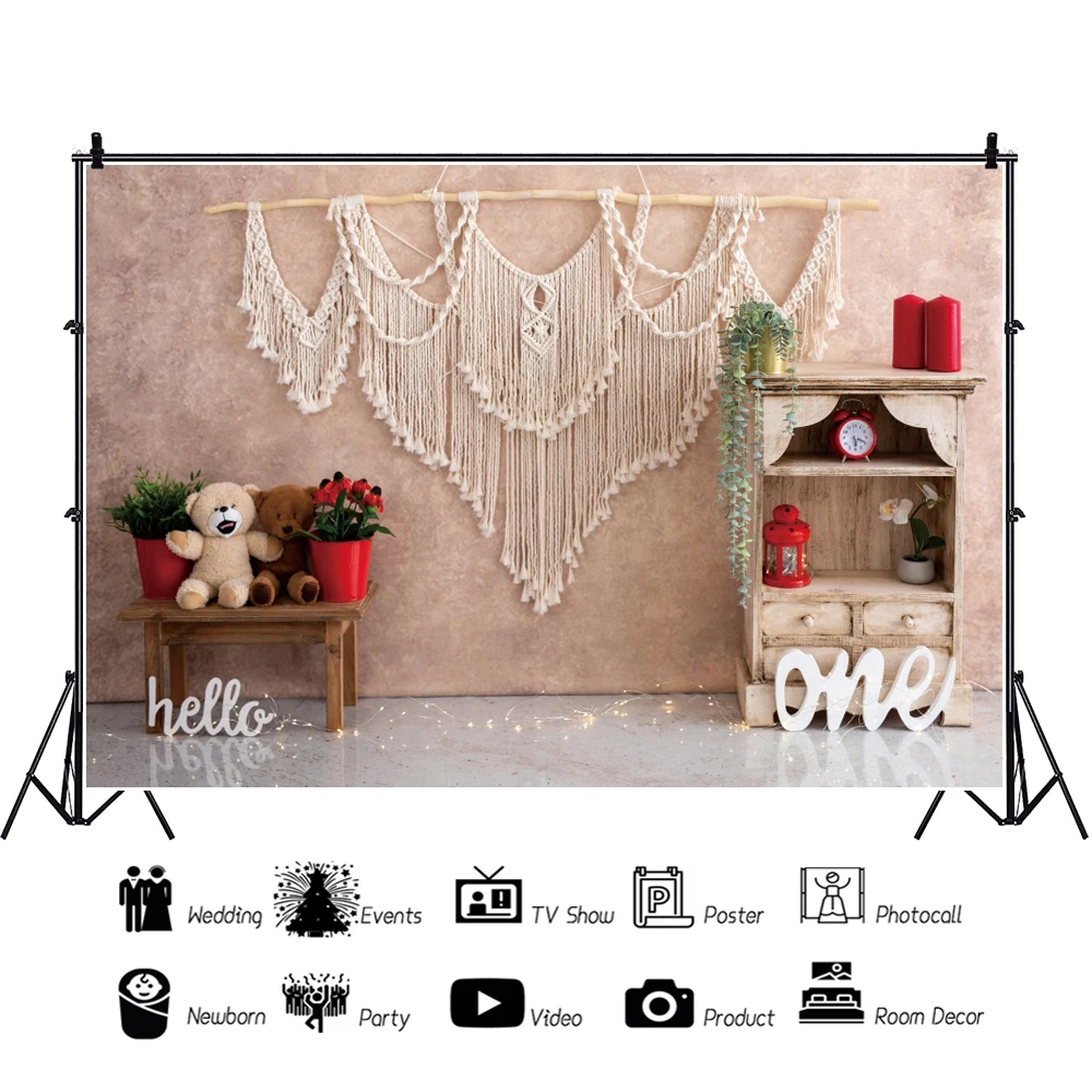 Laeacco Bear Newbown 1st Birthday Backdrop Toys Bear Living Room Gifts Cake Smash Portrait Kids Portrait Photography Background