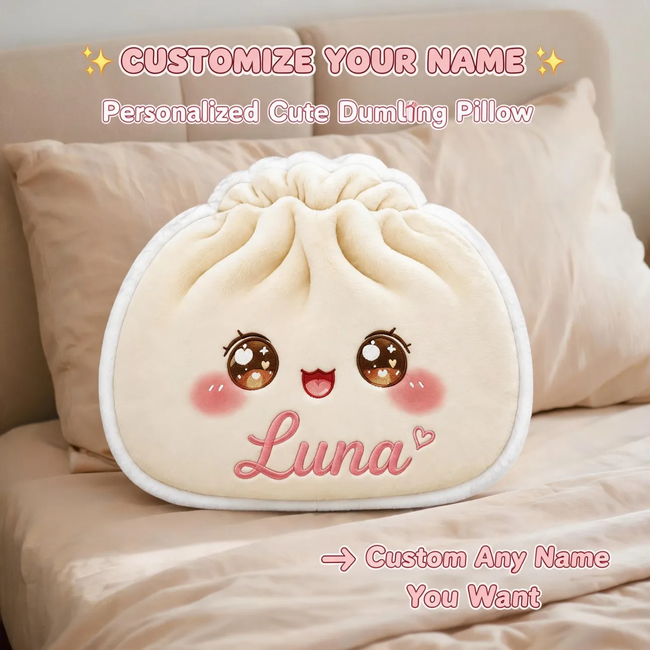Custom Photo Shaped Pillow, Cute Dumpling Face Personalized Decorative Cushion with Name, Unique Home Accent for Sofa Funny Gift