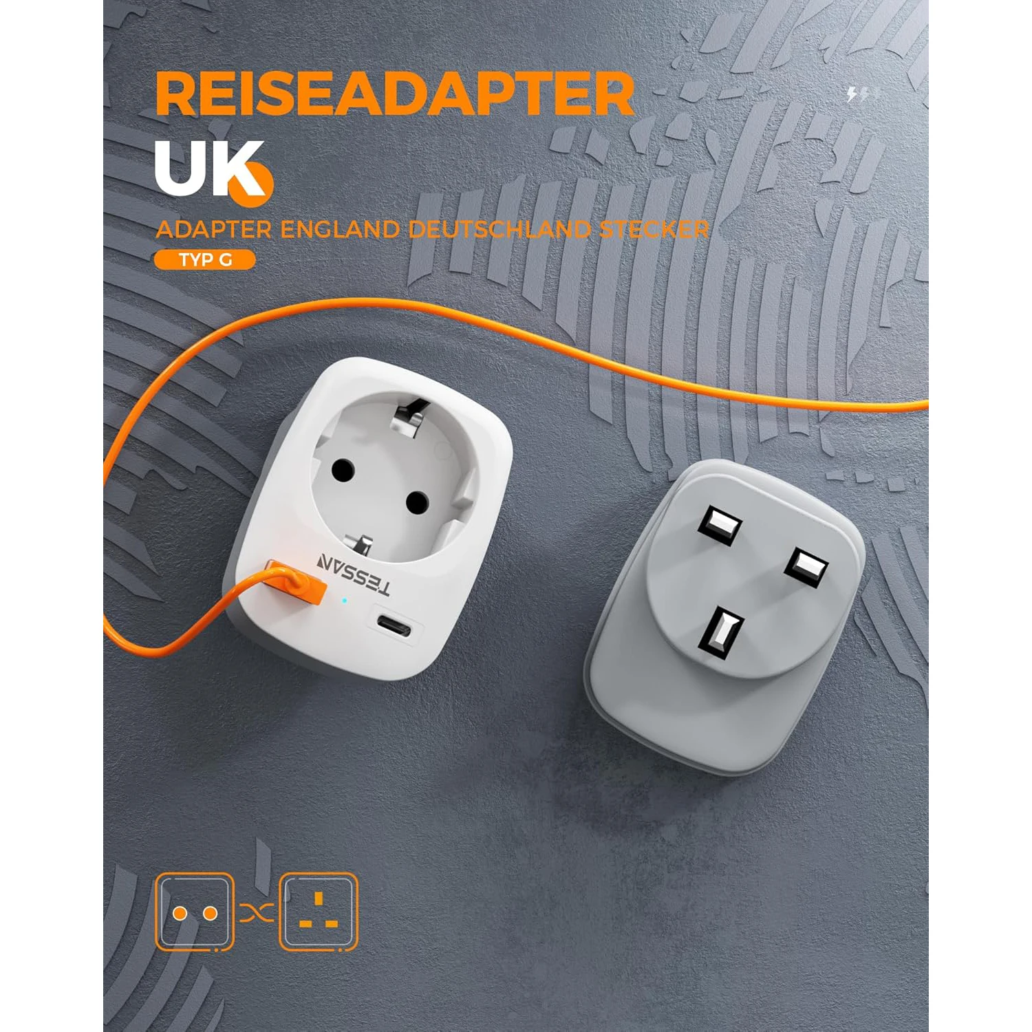 Дорожный адаптер TESSAN из ЕС в Великобританию с 1 розеткой 2 портативными настенными розетками USB типа C для Великобритании, Ирландии, Шотландии, британской вилкой типа G