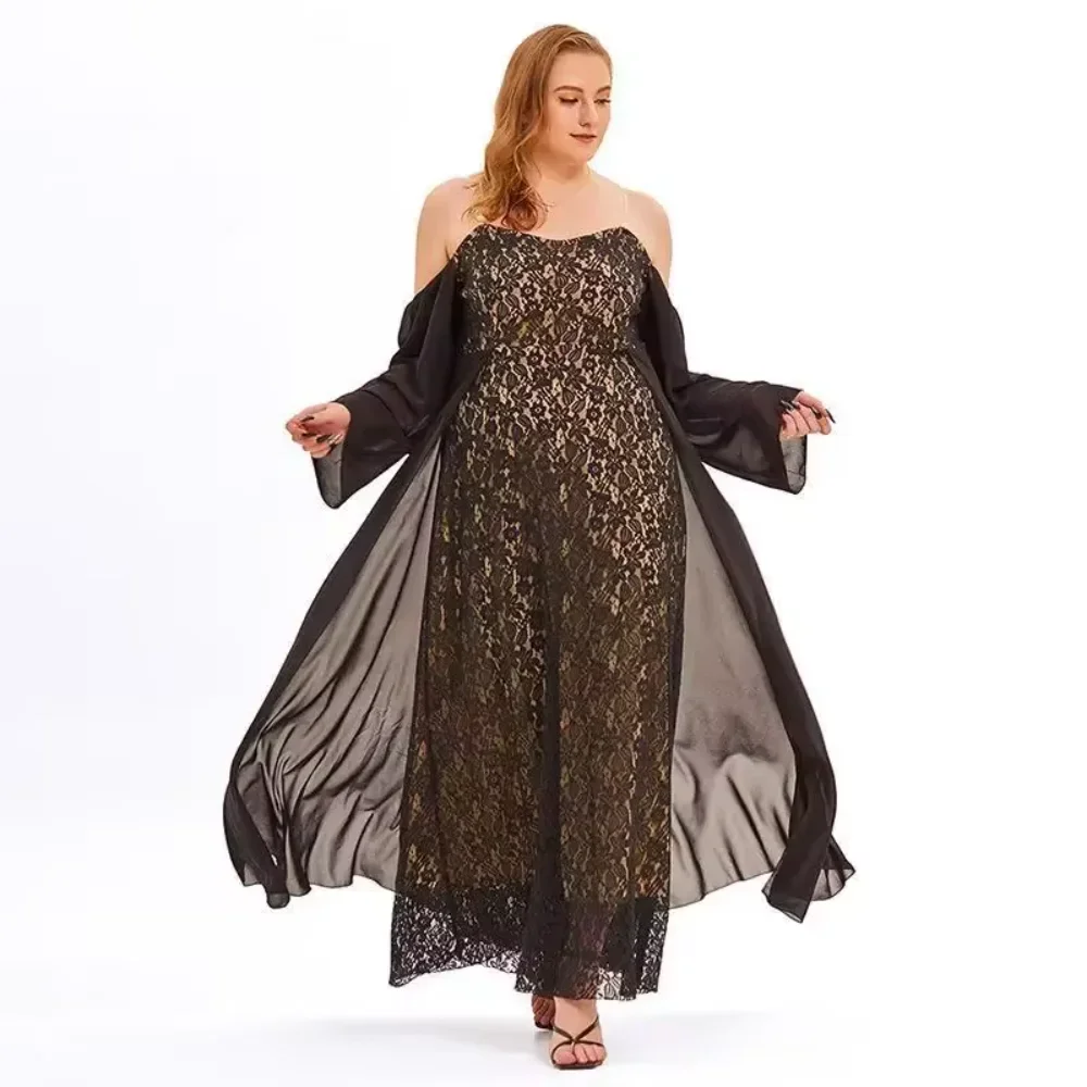 Plus Size Elegancka koronkowa długa suknia na jedno ramię