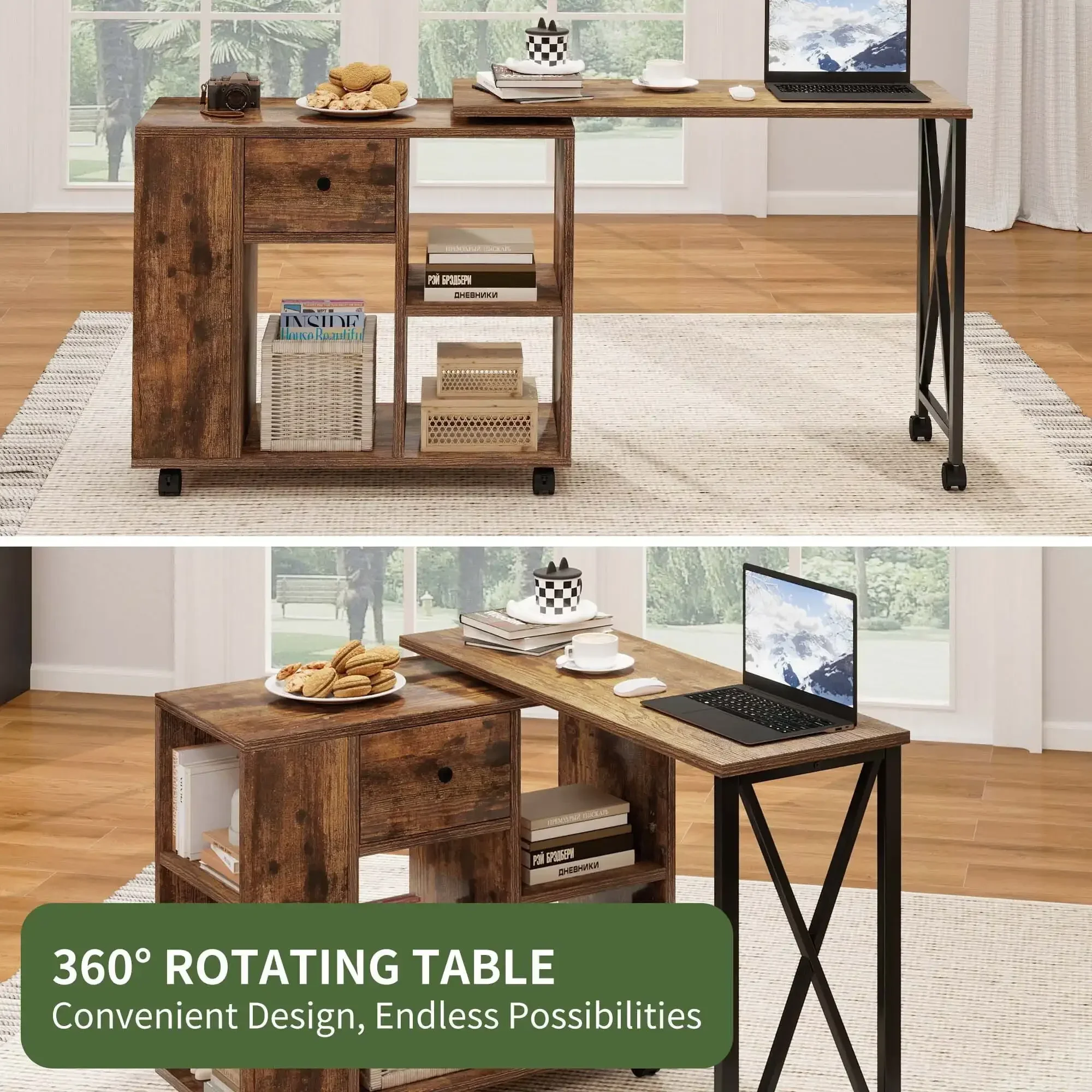 Rotating Writing Office Desk with Storage, Computer Desk with Wheels, Brown