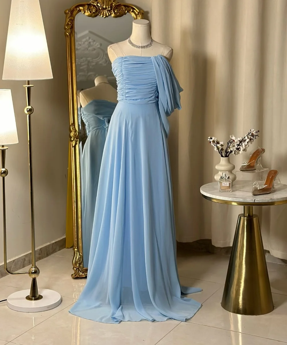 Robe Longue en Mousseline de Soie Plissée, Personnalisée, Style Chinois, Arabie Saoudite, Ligne A, Asymétrique, Épaule Dénudée, sur Mesure, pour Occasions Exquises