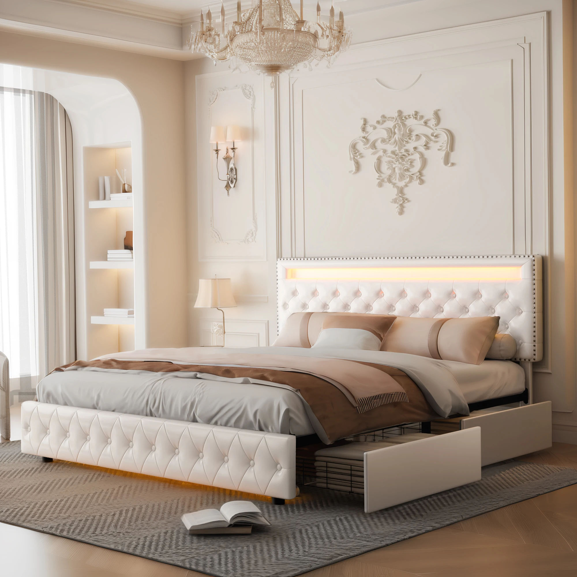 GEGOFORU Full Size LED Bed Frame with Storage Drawers, RGBW Lights, Adjustable Headboard, No Box Spring, PU/Velvet Upholstered