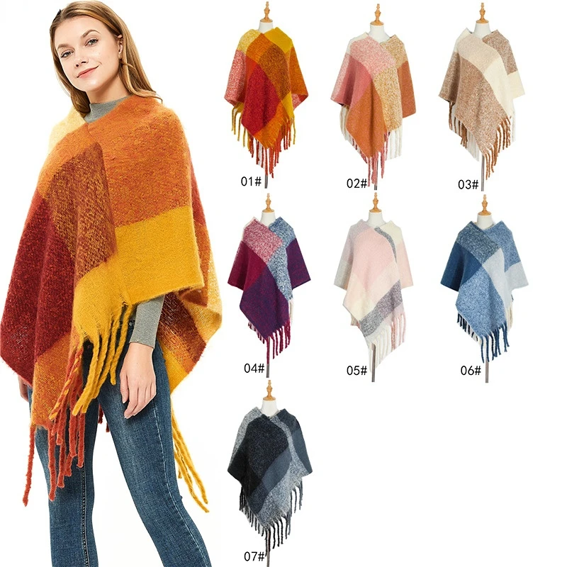 

Designer Women Winter Plaid Poncho Square Pashmina Bandana Cashmere Thicken Blanket Knitted Warm Soft Shawls and Wraps