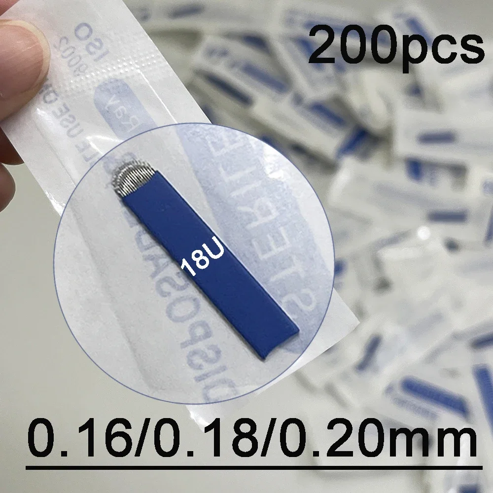 200pcs Blue Nano Lamina Microblading Needles Agulhas 0.18mm Tebori Tattoo Needles Blade 12 Flex 18U Shape for Manual Eyebrow Pen