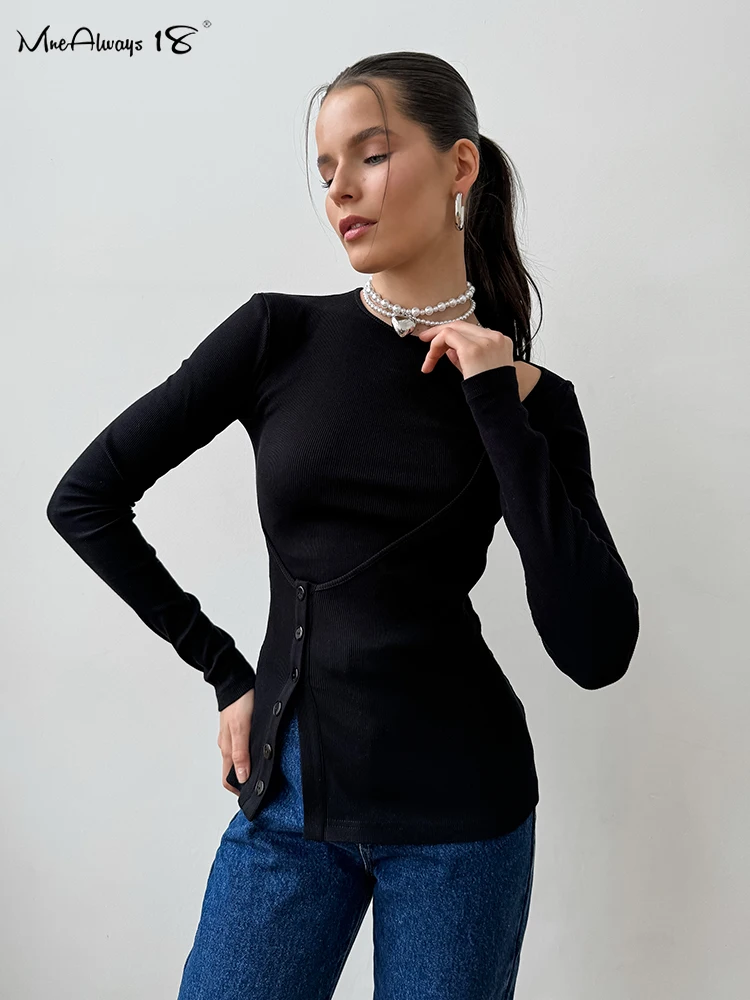 Mnealways18 Irregular Black Ribbed Knitwear Women Tees Women Hollow Out Slim O-Neck Long Sleeve Pullover Tops Office Ladies 2024