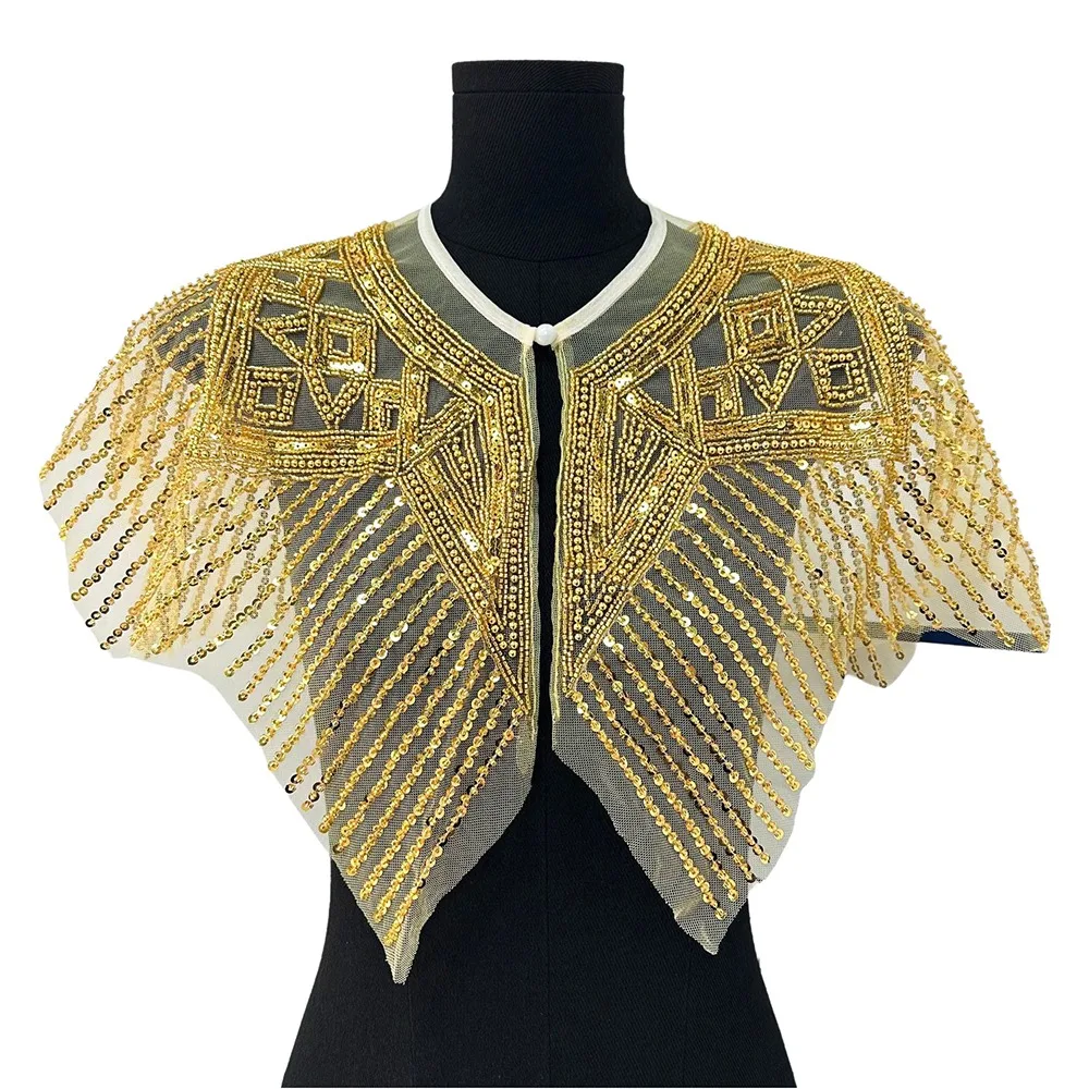 

Detachable False Collar Beaded Design Sequined Embellishment Embroidery Neckline Lace Texture Openwork Style Flapper Shawl