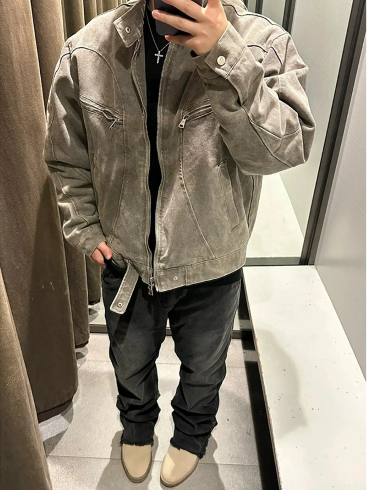 

Harringtion ort Sle Men's Jaet Heavy Du Denim Jaet Cool Haome Detroit American High Street Faion Outerwear