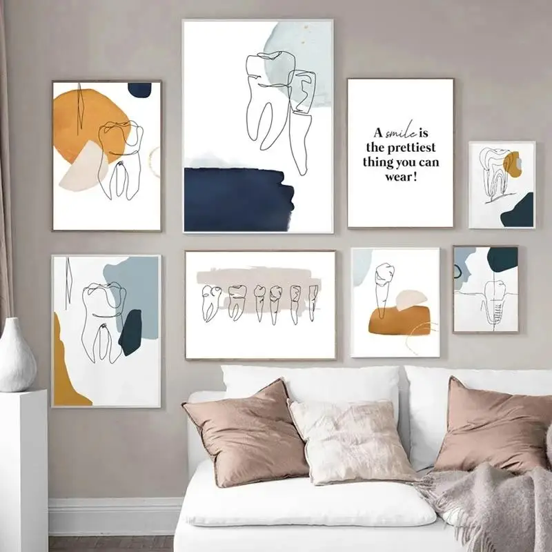 Moderne Abstrakte Linienkunst Leinwandgemälde Zahnklinik Wanddekoration Zahnarztpraxis Poster und Drucke Ästhetische Zahn-Kunstwerke für