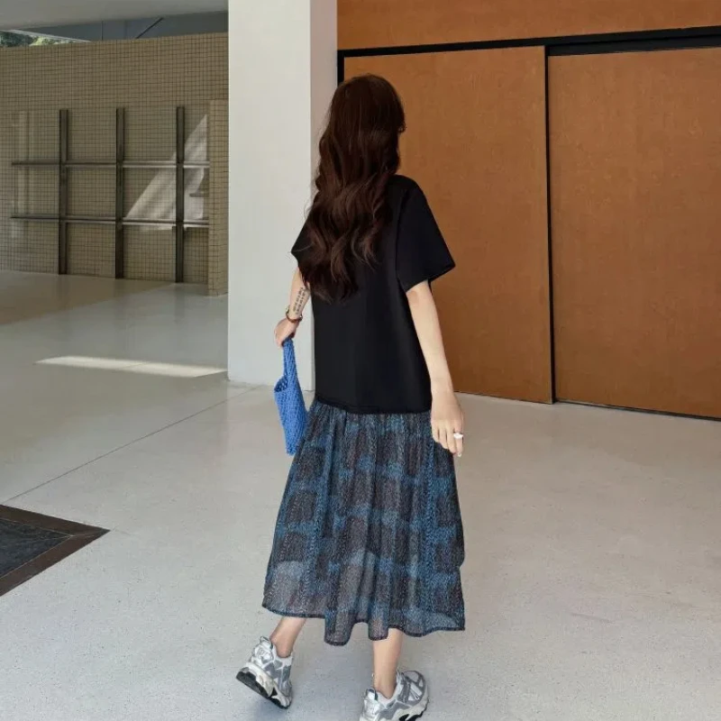 女性用ルーズTシャツドレス,花柄パッチワーク,黒婦人服,新品,夏,ke6834,2020