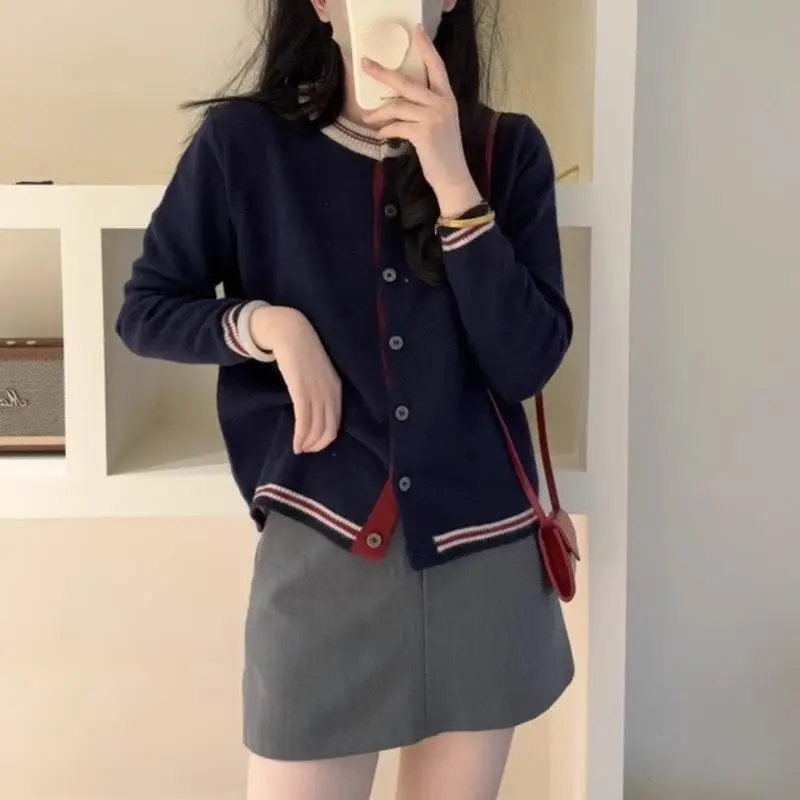 

Британский цветной блок-кардиган, свитер, женская верхняя одежда, весенне-осенний свободный вязаный свитер с круглым вырезом, верхняя куртка