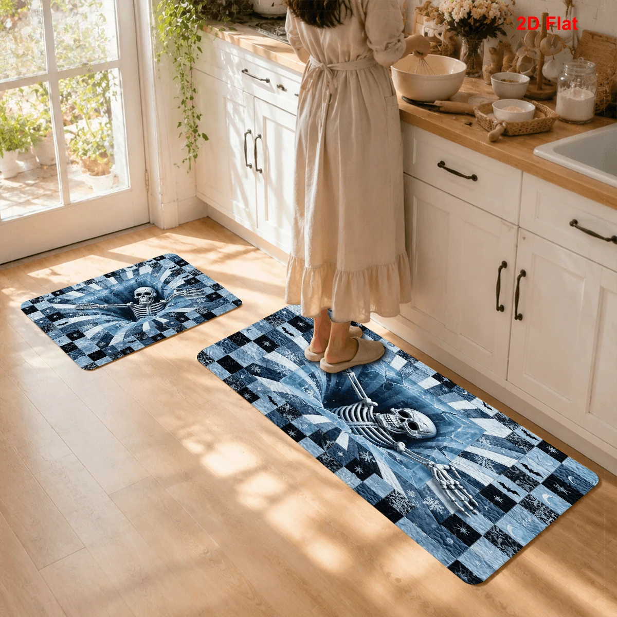Halloween Blue Skull 1/2/3pcs Set Floor Mat Kitchen Dining Room Corridor Patio Front Door mat Bedside Living Sofa Side Area Rug