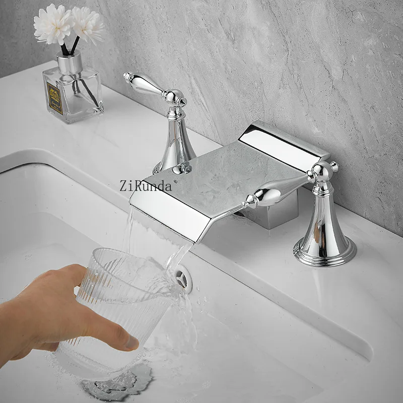 حوض غسيل أوروبي ثلاثي الفتحات من النحاس بالكامل، حوض غسيل للمياه الساخنة والباردة، خزانة حمام، صنبور شلال مقسم #3