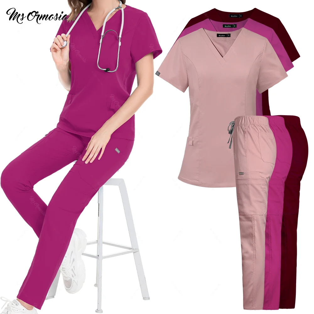 Commercio all'ingrosso Casual manica corta con scollo a v Set dritto farmacia abiti da lavoro infermiera medica uniforme scrub donne Set uniformi infermieristiche