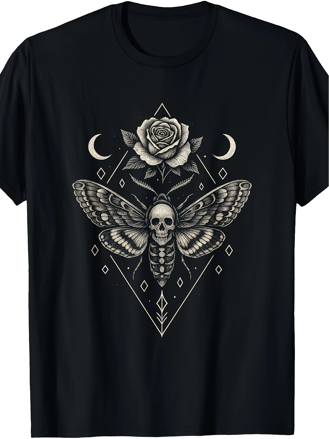 Gothic Style T-Shirt Featuring Moon, Rose, and Moth Designs and Mystical Witchcraft Themes (Plus Size, Extra Large Size)