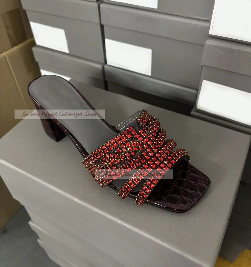 Burgundy Crocodile Chunky Heel Square Toe Mules Red Gold Bling Bling Crystal Strappy Modern Slippers Glitter Rhinestone Sandals