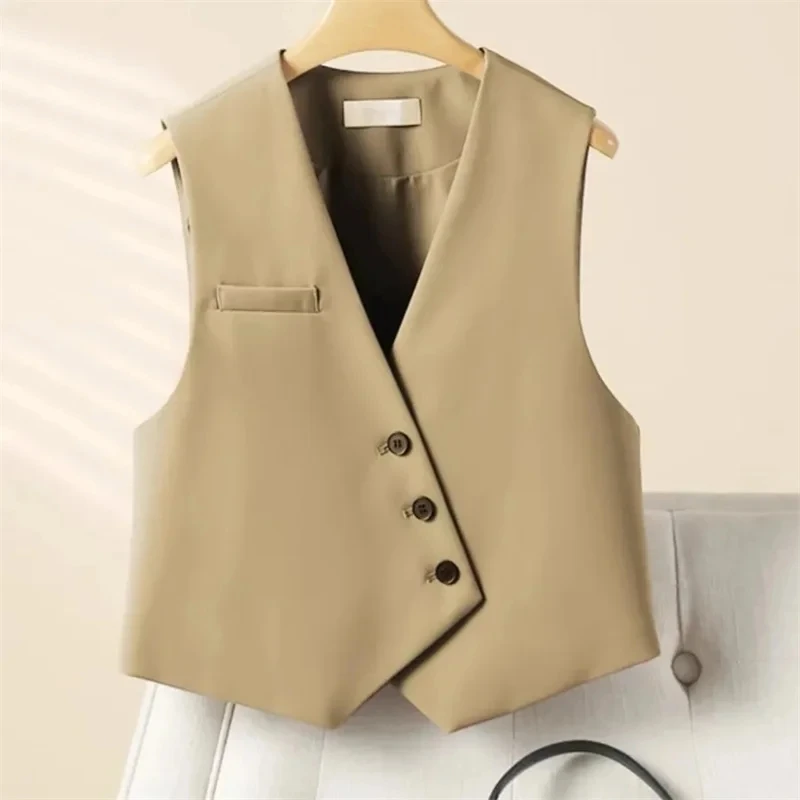 

2024 Spring Autumn New Women's V-neck Plaid Single-breasted Sleeveless Vest Jacket Short Temperament Waistcoat Black Coat Tops