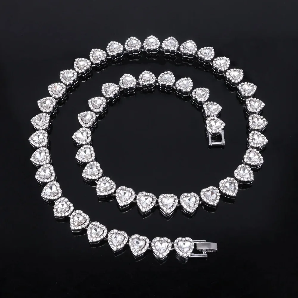 1PC  New Hip Hop Tennis Chain Bracelet Necklace Shiny Heart  Fashion Rock Party Jewelry Set