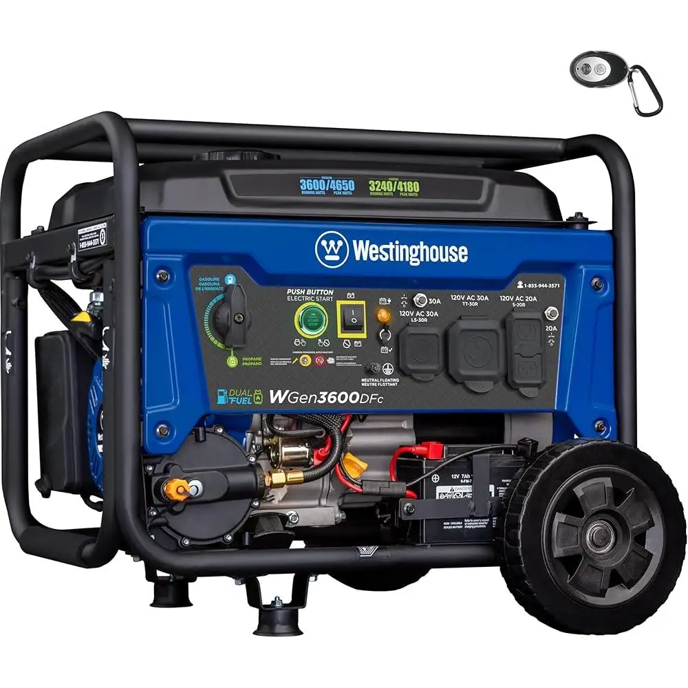 Dual Fuel Portable Generator 4650 Peak Watt Remote Electric Start RV Ready 3600 Rated Watts Power Panel with Multiple Outlets