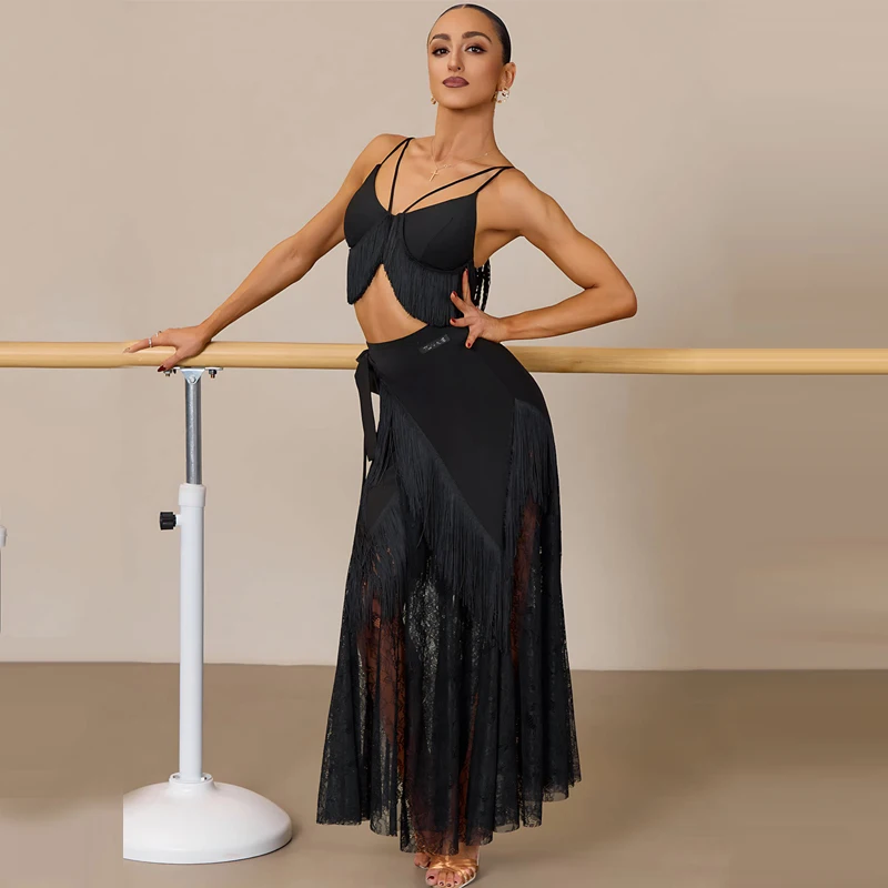 Women'S Ballroom Dance Competition Costume Adults Samba Latin Dance Clothing Black Fringed Top Mesh Long Skirt Stage Suit 16471