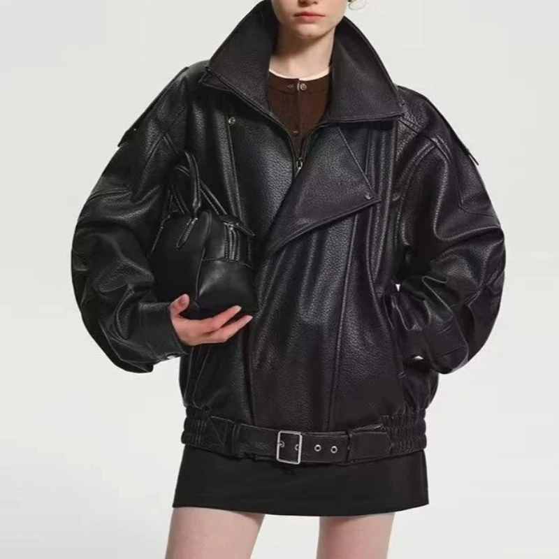 

High Quality Bomber Jacket Women Luxury PU Moto Biker Leather Jackets Double Collars Korean Fashion Women Clothing Outerwears