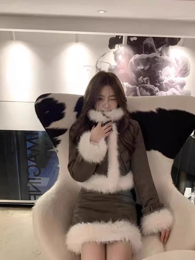 Korean Sle ort Skirt And Thiened Cotton Jaet Set Women's Faion Winter Outfit Two-Piece Ensemble Luxury Fluffy Trim