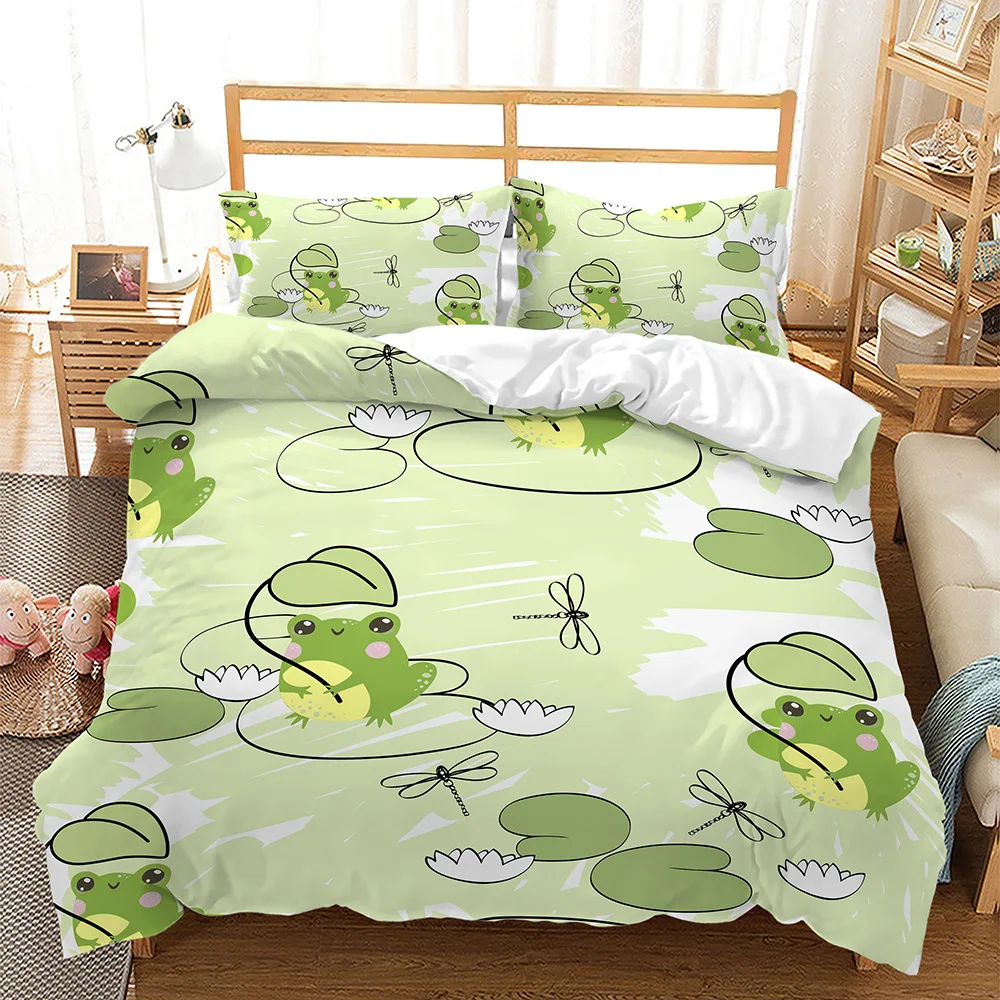 Kawaii Cartoon Frog Bedding Set Kids Bed Linen With Pillowcases Queen Full Single Twin Size 3D Printed Animals Duvet Cover Set