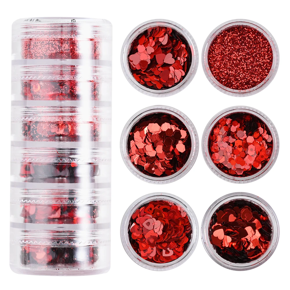 6Jars/set Red Love Heart Glitter Sequins Mixed Design Shiny Heart Paillette Nail Art Decoration DIY Romantic Red Heart Sequins