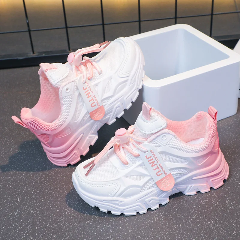 Spring Autumn Boys Girls Gradient Color Dad Shoes Kids Thick-soled Soft Running Shoes Children Campus Student Sports Casual Shoe