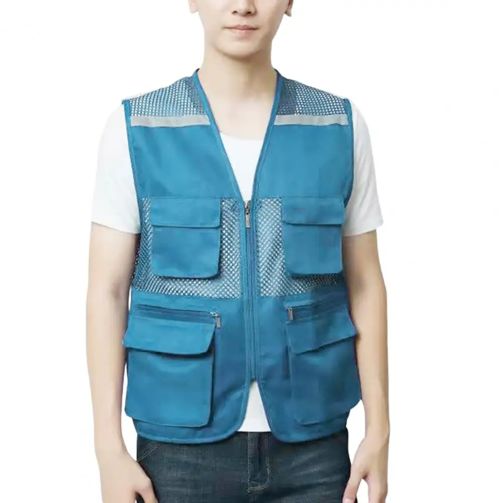 Men Waistcoat Reflective Stripes Multi Pockets Mesh Waistcoat Sleeveless Breathable Vest Volunteer Work Vest Cargo Waistcoat