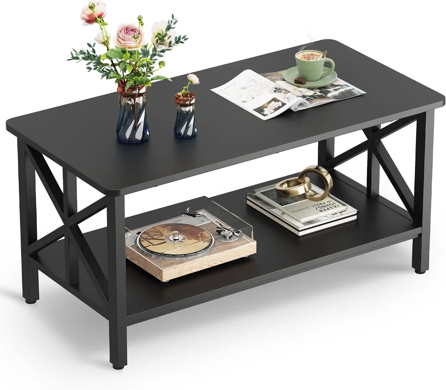 

Coffee Table for Living Room, 39" Modern 2-Tier Center Table with Round Corners, Storage Shelf, Farmhouse Style Small Coffee