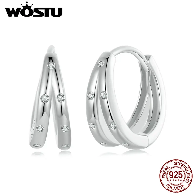 WOSTU 925 Sterling Silver Simple Zircon Double layers Ear Buckles Women Wedding Circle Hoop Earrings Party Jewelry Accessories