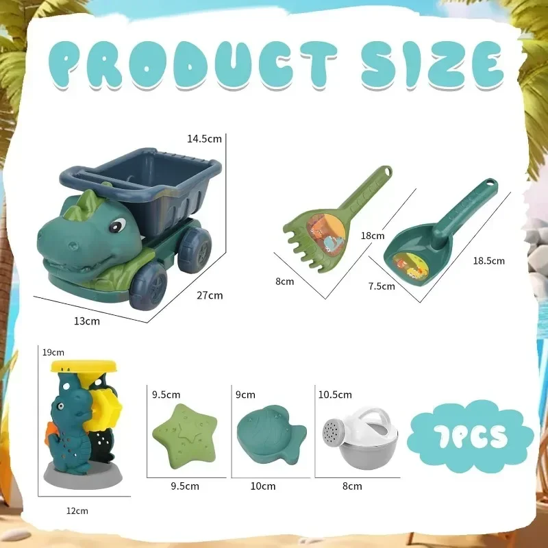Conjunto de carro e pá de brinquedo de praia-brinquedos de areia com tema de dinossauro com draga de ampulheta divertido kit de atividades de praia para crianças de 3 a 8 anos colher de areia